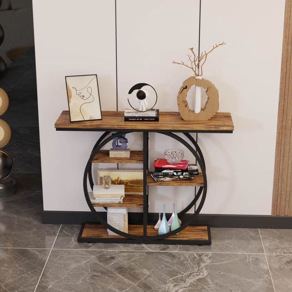 41.3 Inch Industrial Console Table for Entryway Narrow Sofa Table with Storage Shelves Circle Base Rustic Brown Accent Furniture for Hallway Foyer Entrance