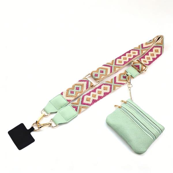 Vintage Geometric Pattern Adjustable Phone Shoulder Strap - Detachable Crossbody Strap with Zipper Wallet