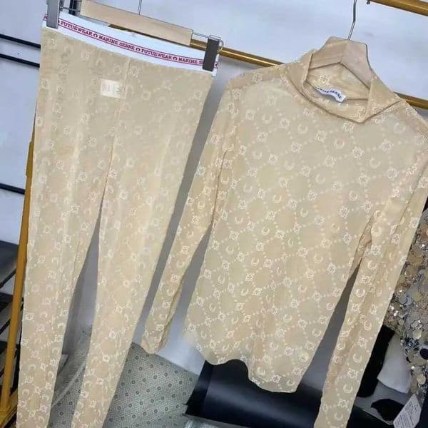 Korean Two Piece Set Women Retro Fashion Long Slve Moon Velvet Printed Base Shirt Pants Set Thin Perspective Spicy Girl Sexy T251206