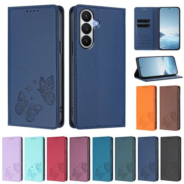 S26 Edge Butterfly Leather Wallet Cases For Samsung S25 Plus FE S24 Ultra A17 A26 A07 A37 A57 M36 Embossed RRID Blocking Suck Magnetic Closure Holder Flip Cover