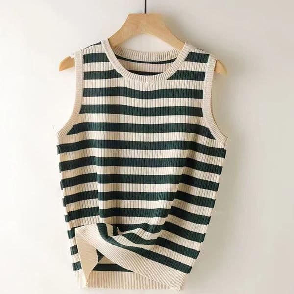 Summer 100 pure cotton womens sleeveless Tshirt casual striped knitted pullover loose round neck Tees Pull vest Tank Tops 260310BANJIA