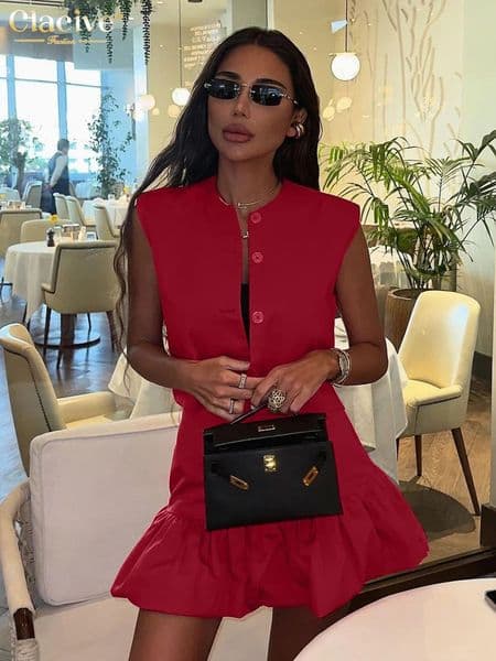 Clacive Summer Loose Red Cotton Womens Two Pieces Set Fashion Sleeveless Tank Top With High Waist Mini Skirt Set Female 260325