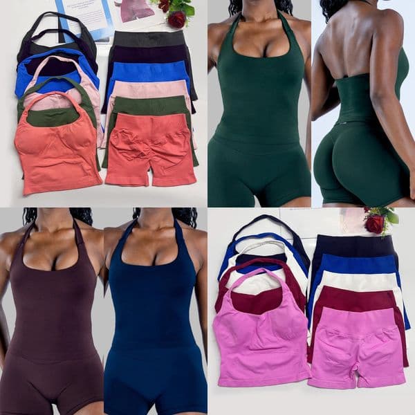 Women yoga outfits Two pieces Impact Workout Sets Impact Halter Top matching Scrunch Seamless Shorts Gym Set sports suits Backless Tank Tops Gym Suit Fitness Clothes