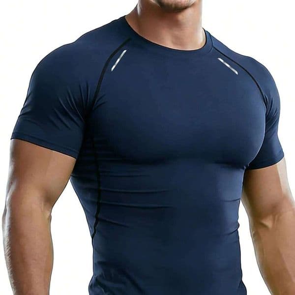Men's Reflective Stripe Quick Dry Compression T-Shirt - Elastic Athletic Workout Top for Running, Gym, Fitness 26H0331