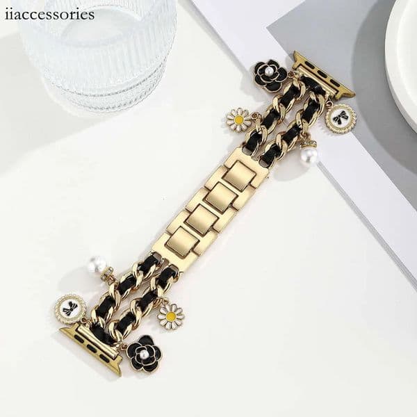Watch strap Camellia Flower Charm Metal Band Multi-Pendant Double Chain Strap Compatible with Watch Series 3-6 SE Ultra