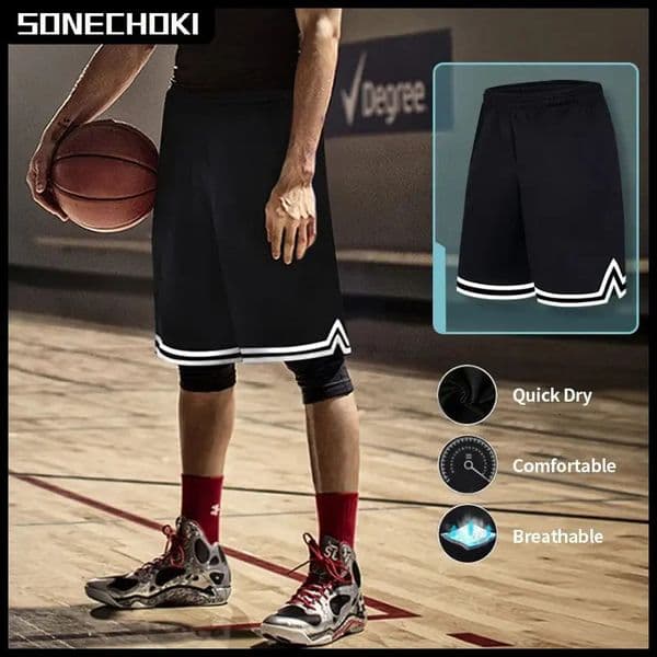 SONECHOKI Knee Length Basketball Shorts Men Striped Loose Running Sport Gym Mesh Breathable Fitness Training Workout Bottom Male 260330