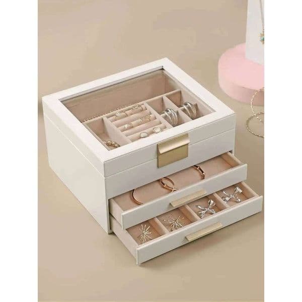 2-Layer Rack Leather OrganizerWomen Jewelry Boxes with 2 Drawers Large Storage Box for Earrings Necklaces 26Y0331