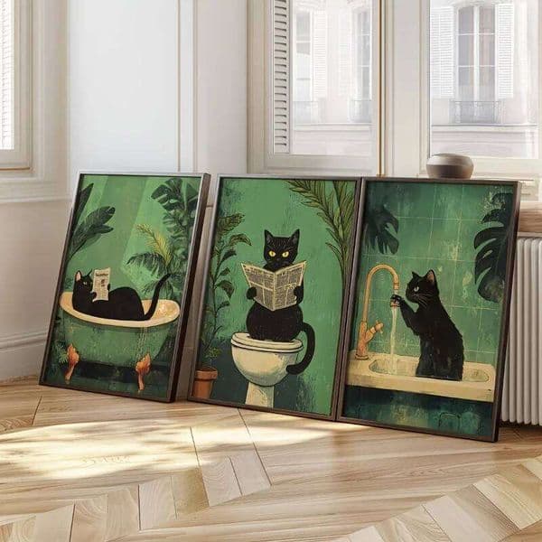 Set of 3 Funny Bathroom Black Cat Art Canvas Prints, Vintage Animals Toilet Posters, Indoor Modern Wall Decor Unframed 26L0331