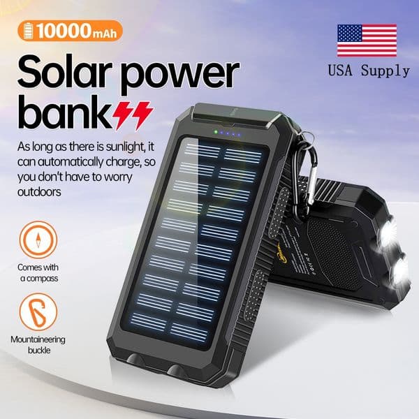 Winsway 10000mAh outdoor solar portable charger power bank, built-in two LED searchlights, compass, mountaineering clip for charging 3 devices