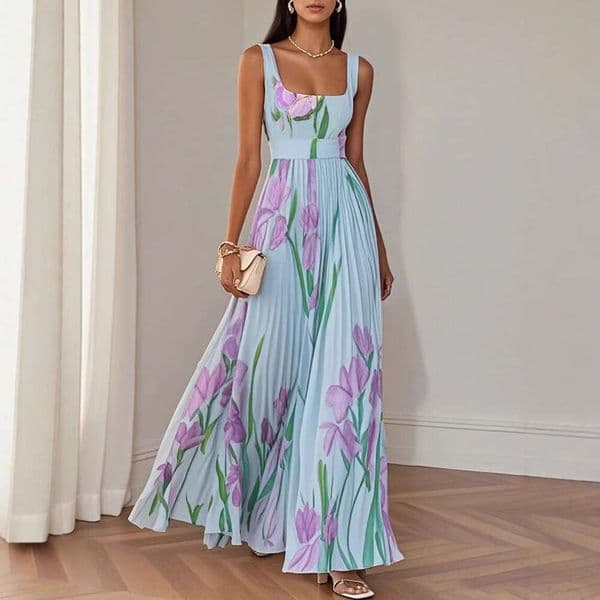European and American women's clothing, independent website, Amazon, spaghetti strap, digital print, pleated, floral long dress
