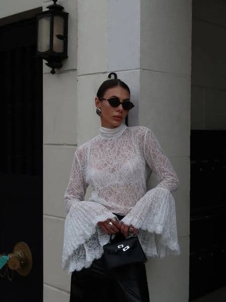 Women Elegant Lace Flared Long Sleeves Shirt Chic Half-high Collar See Through Lace-up Top 2026 Lady Spring Commute Street Tops 260325