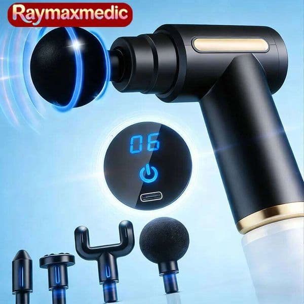 Raymax Fascia Gun Deep Tissue Massager 6 Adjustable Speeds 4 Massage Heads Quiet Brushless Motor Portable Muscle Relaxer Gym