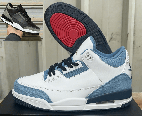 3 Black Grey Denim Texture Casual Sneakers, Mid Top Sport Shoes for Men women and kids , Breathable Athletic Trainers , White Blue Denim 3s Classic Youth Basketball Shoes