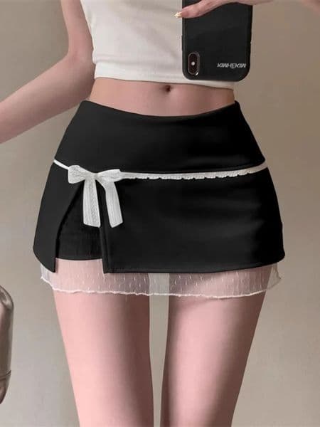 Sweet Lace Patchwork Women Skirts Summer Japanese Kawaii Bow Mini Skirts Fashion Low Waist Preppy Slit A Line Skirts 260331