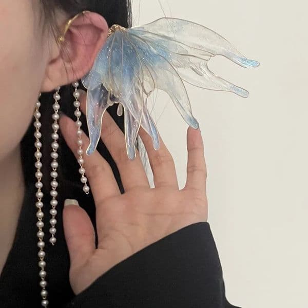 Exquisite Butterfly Elf Fairy Earrings Mermaid Pearl Long Tassels Ear Clips Fashion Elegant Non-piercing Flower/Leaf Ear Cuffs 260429