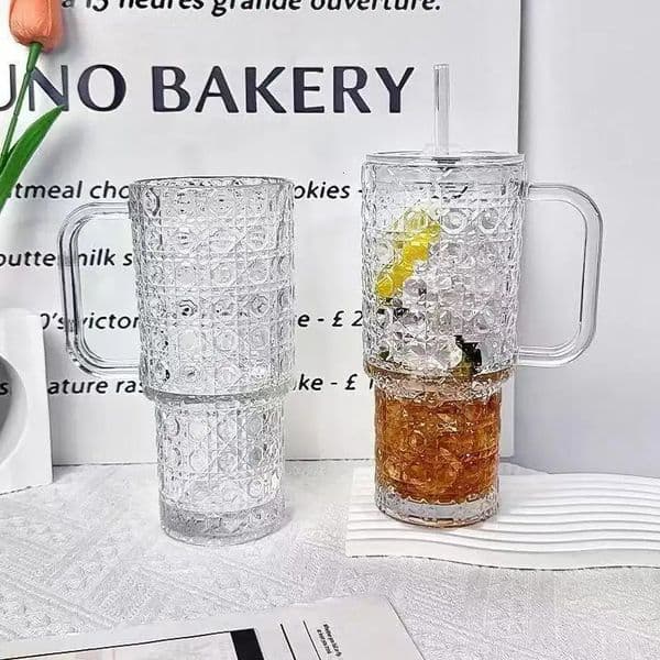 3Piece Large Capacity Glass Cup Set Durable Handle Straw Creative Vertical Stripe n Suitable for Iced Coffee 260429
