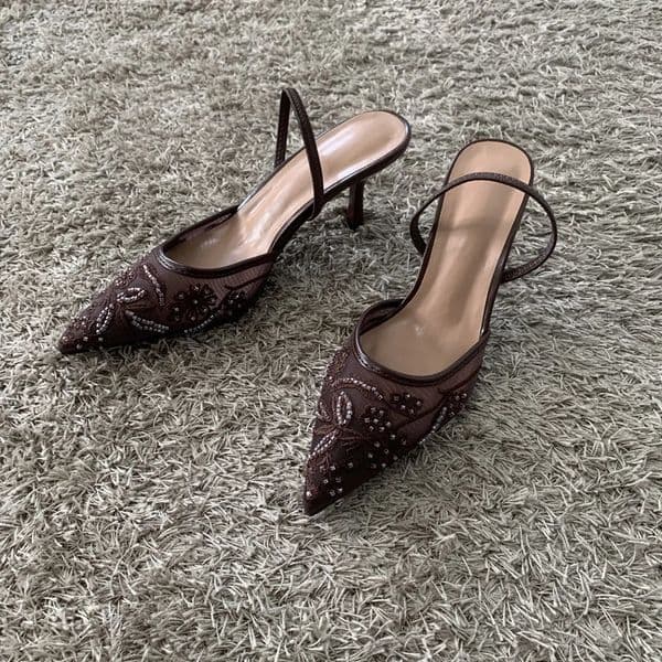 String Bead Mesh Embroider Slingback High Heels Women Sexy Pointed Toe Heeled Sandals Summer Elegant y ner Shoes 260427