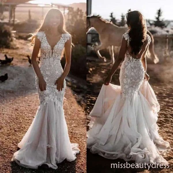 Beach Boho Mermaid Wedding Dresses Lace Deep V-Neck Necke Cap Sleeves Chapel Train Plus Size Bride Gown Vestidos De Novia Bc10939 Ba9793 6660311