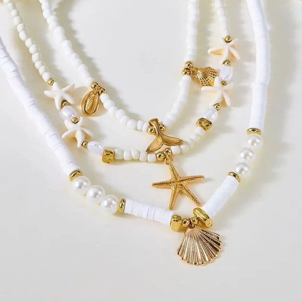 Boho Multilayer Starfish Shell Rice Beads Necklace for Women Vintage Pearl Stone Summer Beach Party Jewelry 260430