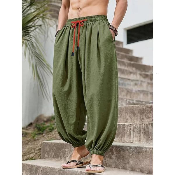 Mens Cotton Linen Wide Leg Pants Casual Loose Fit Solid Color Breathable Lightweight Elastic Waist Male Baggy Long Pants 260429