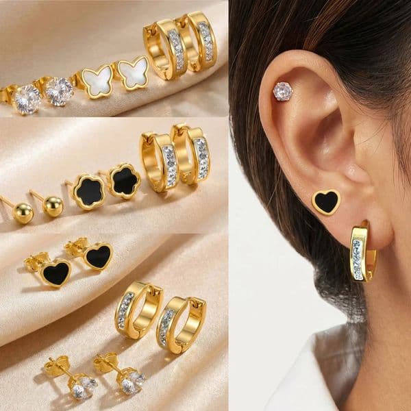 Earrings Set Gold Plated Stainless Steel Black Flower Studs CZ Hoop for Women Multiple Piercing Jewelry 260430