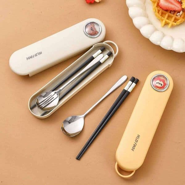 3Pcs/Set Portable Reusable Dinnerware 304 Stainless Steel Chopsticks Spoon Cutlery Set With Cartoon Box For Students Kids