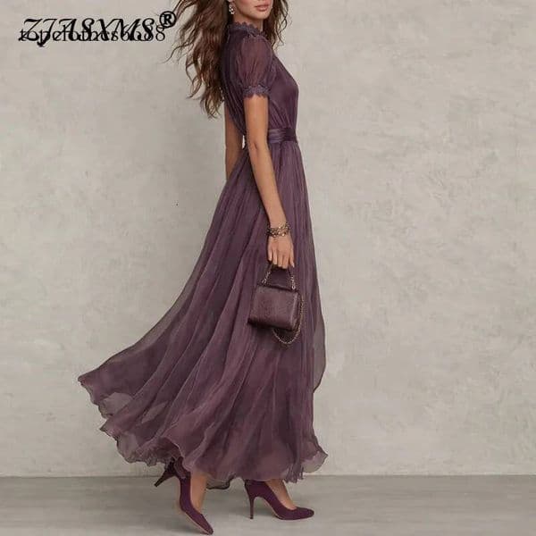 Spring Vintage Solid Lace A-Line Long Women's O Neck High Waist Pleated Party Dress Summer Short Sleeve Flowy Maxi Dresses