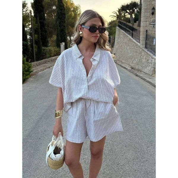 Casual Striped Women S Shorts Suits Summer Fashion Lapel Half Sleeve Single Breasted Shirts Sets Lady Chic Street Outfits