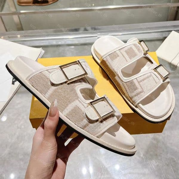 Designer Sandals Women Men Fabric Strap Mule Sandal White Leather Slides Buckle Printing Slippers