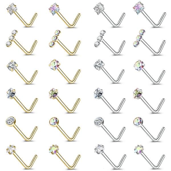 ZS 34Pcslot Gold Color Stainless Steel Nose Stud Set Heart Star Round Crystal Piercing L Shape Nostril 18g20g 260430