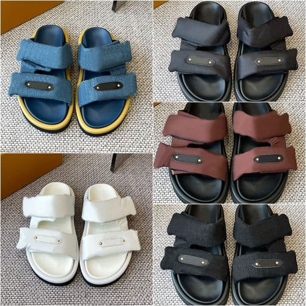 Pool Pillow Designer Mules Flat Comfort Mule Luxury Slippers Denim Sandal Womens Platform Slide Sandals Beach Sandles Summer Sandalen 2 Adjustable Nylon Straps