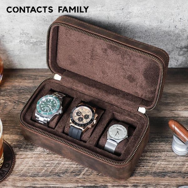 CONTACTS FAMILY 3 Grids Genuine leather Watch Case Jewellery Travel Storage Box for Ring Earrings Cufflinks Men Women Gift 260430