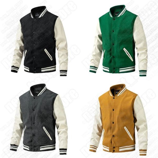 high Level Men Women PU Leather Sleeve College Baseball Jacket Letterman Wool Varsity Coat Green Grey Navy Blue Black o7 93 83