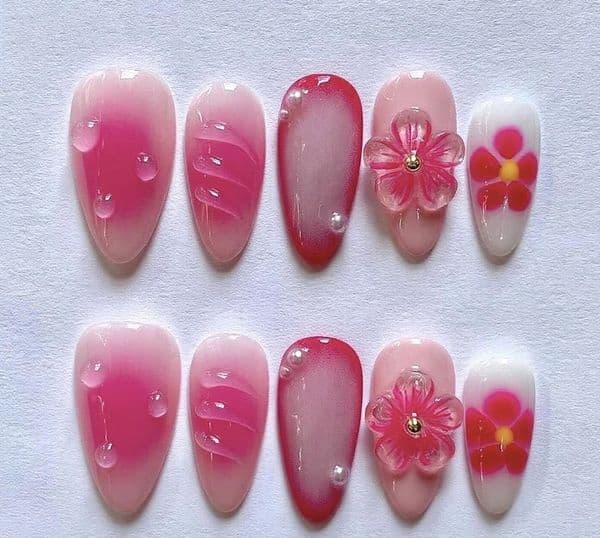 30pcs/set Wearable Press On Nails Fake Nail Tips 3D Flower Pearl Pink Gradient White Water Droplet Design Blush Pink Long Almond French False Nails