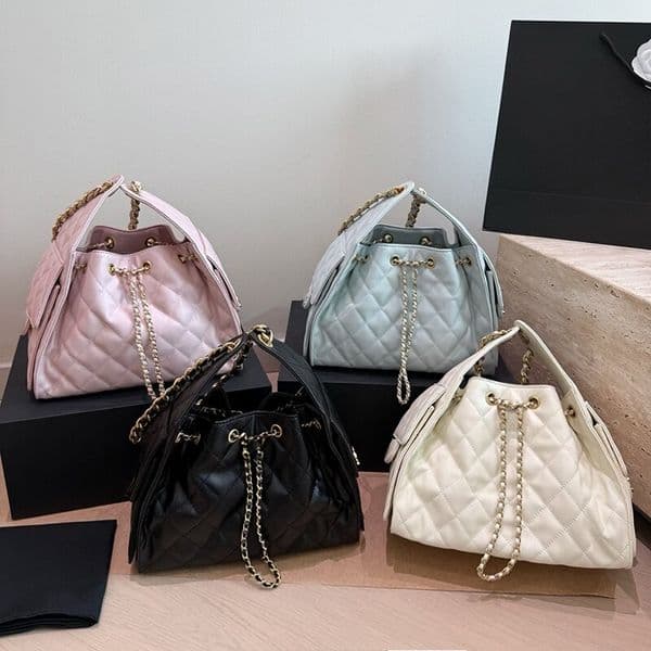 25C Pebbled Caviar Leather Cowhide Drawstring Bucket Hobo Shoulder Bag Golden Metal Hardware Matelasse Chain Underarm Shoulder Handbag Lady Designer Purse 25CM