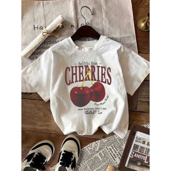 Summer Women 100% Cotton T-Shirt, American Retro Ins Niche Floral Cherry Print, Crew Neck Drop Shoulder Loose Oversized Short Sleeve Casual Streetwear Tops