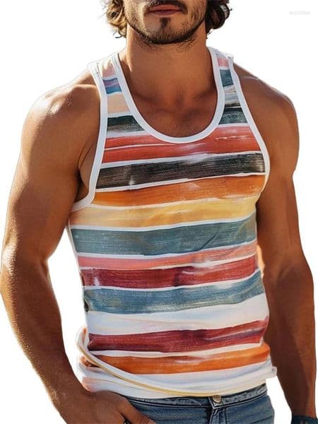 Men's Tank Tops Simple Color Striped 3D Printed Men Summer Sleeveless Casual Sports Vest Crew Neck Breathable Oversized Tees