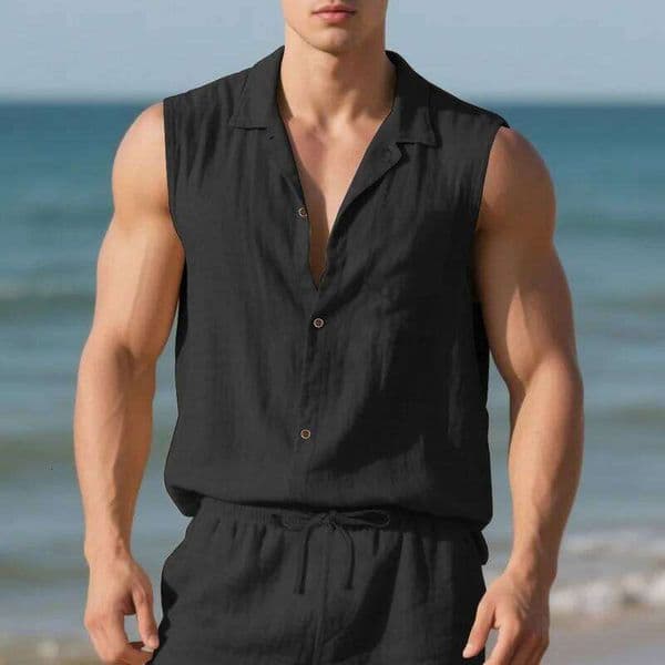 Summer Casual Breathableturn Down Collar Button Sleeveless Cardigan T Shirt Vestmen Solid Sports Loose Beach Tops