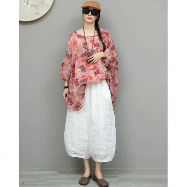 Floral Ramie Suit Women 2026 Summer Lantern Sleeve Oversize Doll Shirt Loose White Pant Twopiece Set XY115 260429