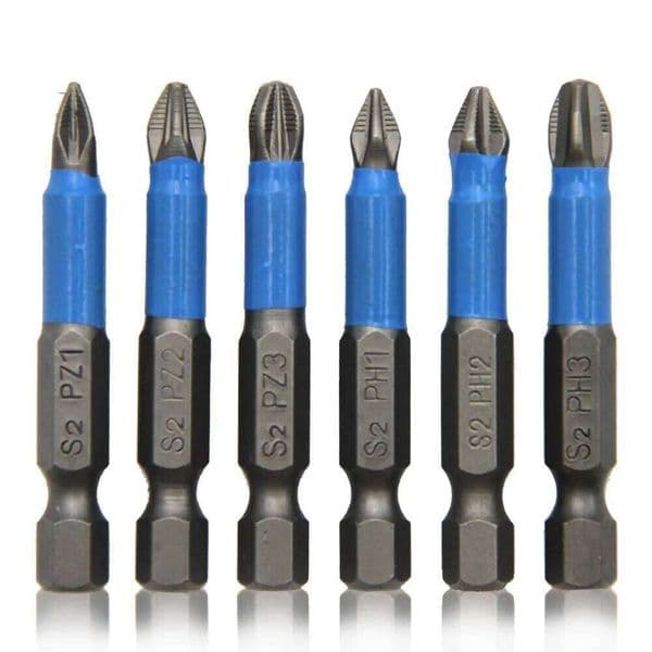 50mm Hexagonal Handle Anti Skid Electric Screwdriver Tool Set 6pc with PH1 PH2 PH3 PZ1 PZ2 PZ3 Bits for Woodworking