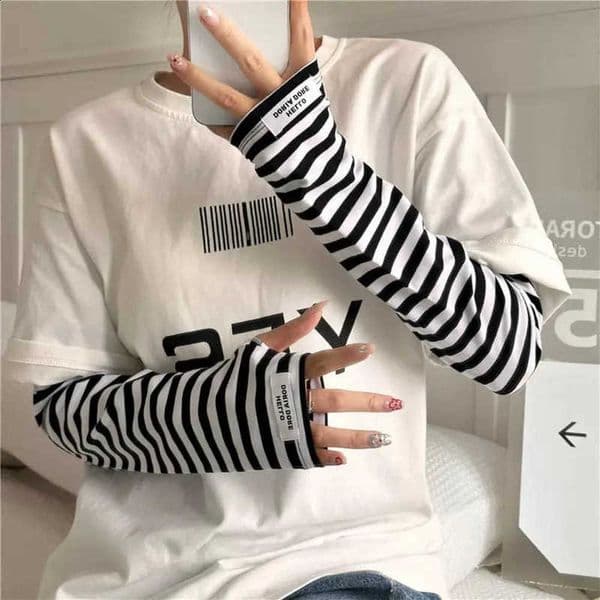 Women Soft Cotton Stripe Loose Arm Protection Ice Silk Gloves Driving UV Sleeves Summer Cool Sleeve 250910BJ