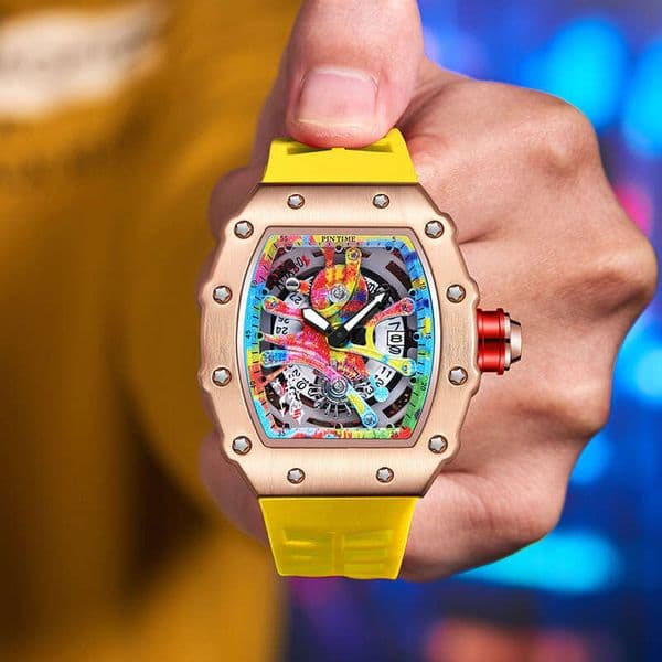 Rose Gold Tonneau Skeleton Watch Men Colorful Graffiti Dial Yellow Rubber Strap Quartz Sports Wristwatch for Daily Casual Wear
