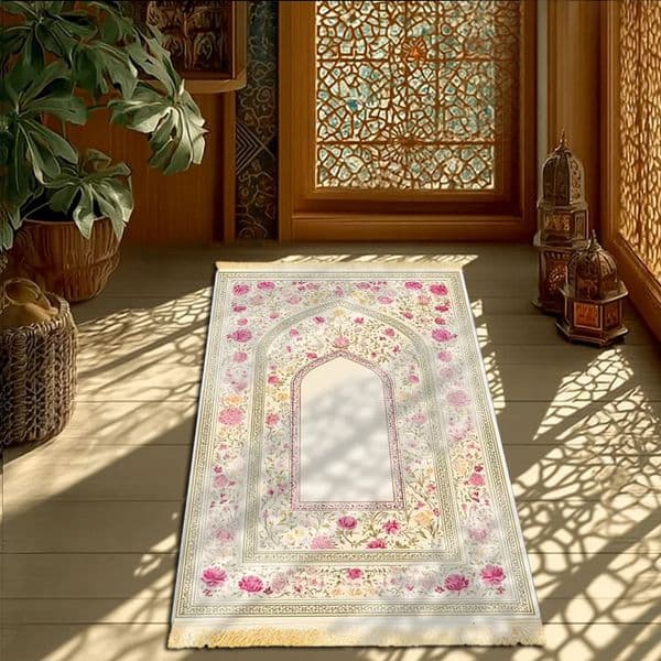 VIKAMA Pink Gold Floral Arch n Prayer Rug Muslim Mat for Non Slip Carpet Bedroom Living Room Travel Decor 260429