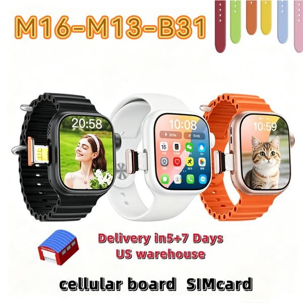 Popular M13 and M16 smartwatches with SIM card slots, 4G cellular Wi-Fi, and location tracking for downloadable apps.
