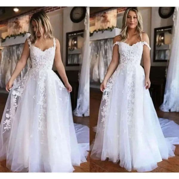 Bohemian Lace Tulle A-Line Wedding Dress - Off Shoulder Applique, Monarch Train, Built-In Bra, Plus Size Bridal Gown, Sleeveless Capped Sleeve, Beach or Spring