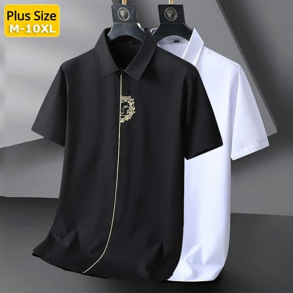 Upto 10XL Size Short Sleeve Embroidered Shirt Mens Casual Loose Oversized Black and White Summer 260430