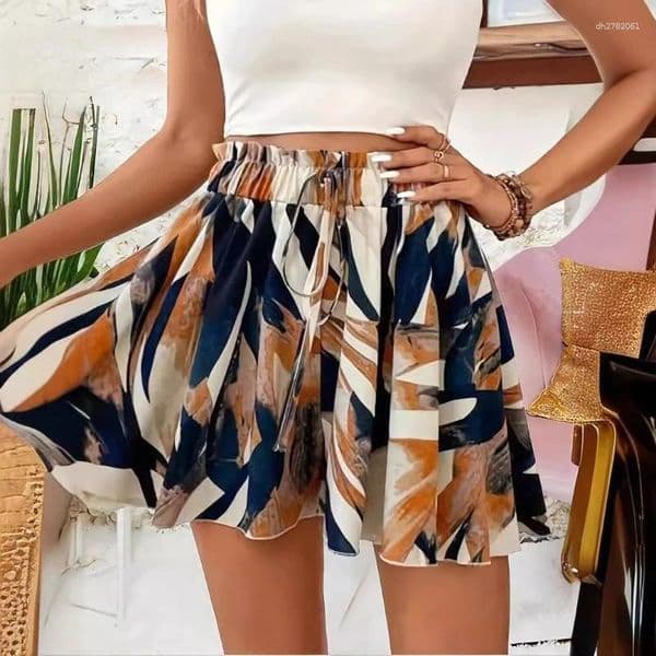 Women's Shorts Summer Print Skirts Fashion Elegant Elastic Waist Wide Leg Culottes Loose Casual Holiday Beach Femme