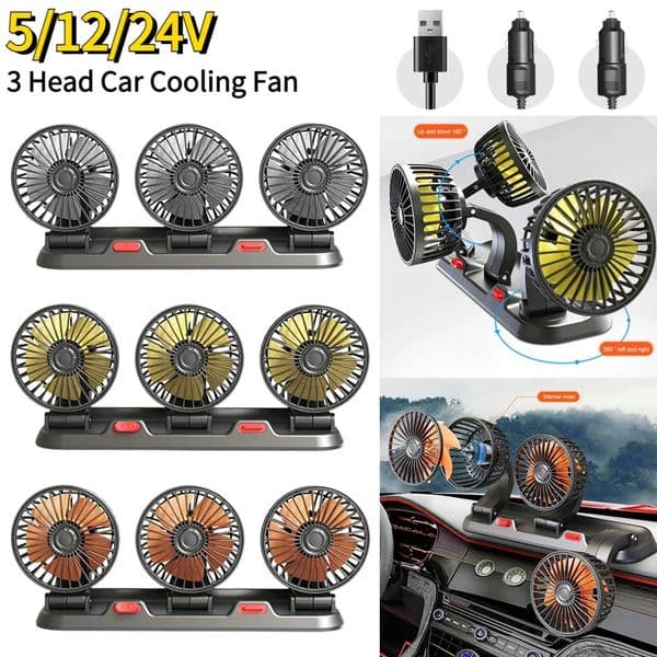 12v Automotive fan Car Fan 24v 360 Adjustable 3 Head Air Low Noise Multifunctional Temporary Parking Card Auto Vehicles 260430