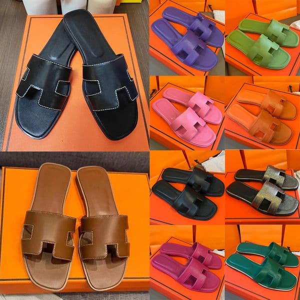 with box women sandals designer slippers flat slides sliders black brown white pink leather flat slide womens slipper outdoor shoes