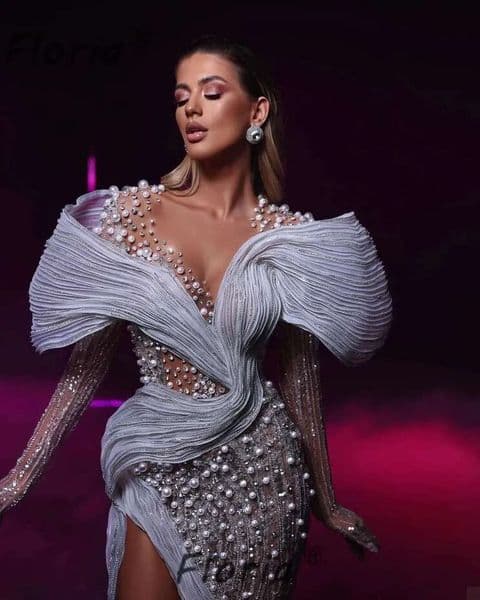 Pearls Glamorous Long Sleeve Wedding Dresses For Woman vestidos novias boda Sexy High Slit Celebrity Ceremony LuxrruFormal Gown